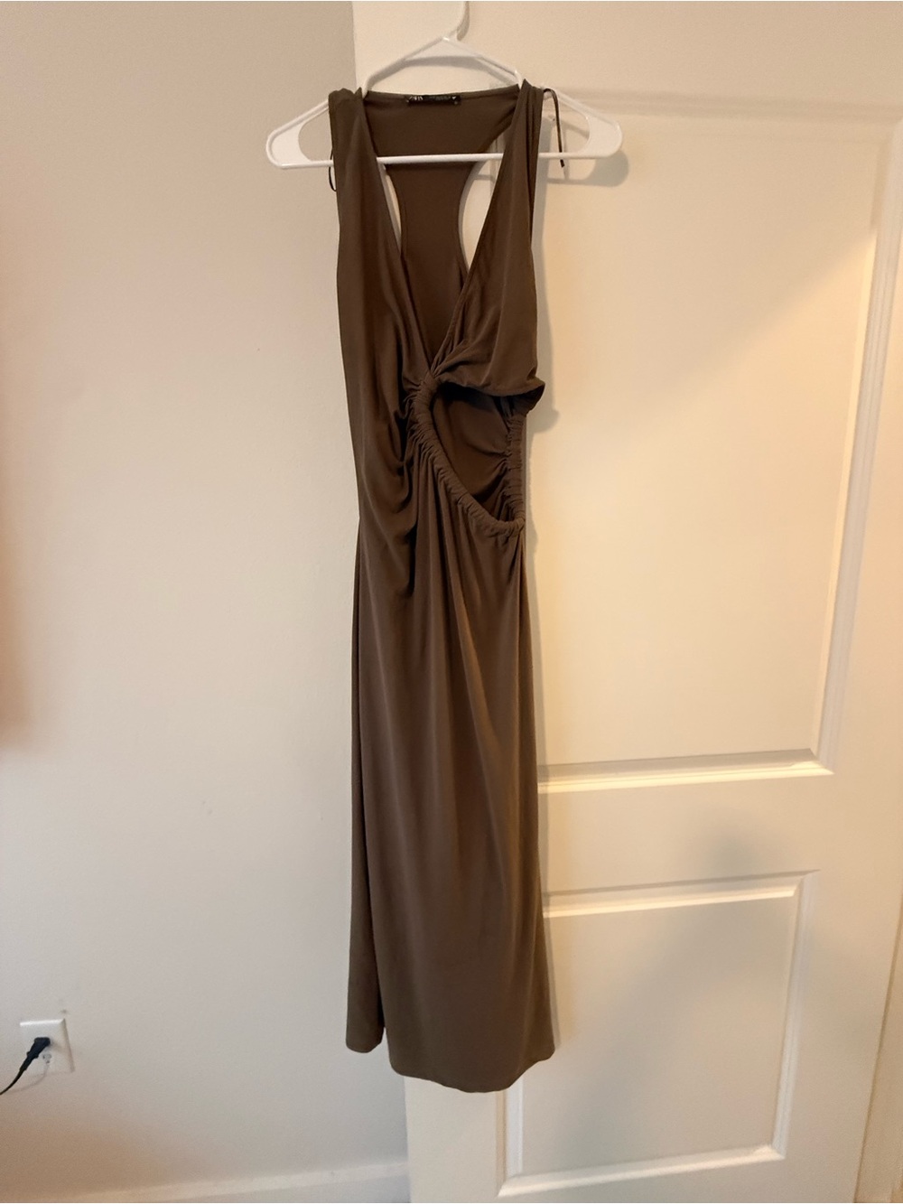 Zara Olive Brown Twist Cutout Backless Maxi Dress